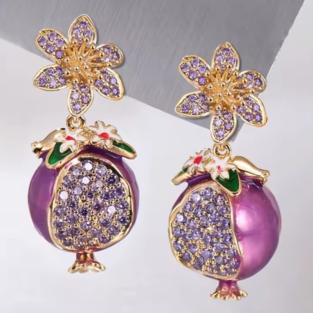 New! Pomegranate Purple And Gold Floral Earrings